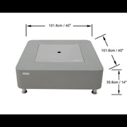 Space gray fire pit table with dimensions labeled on a white background