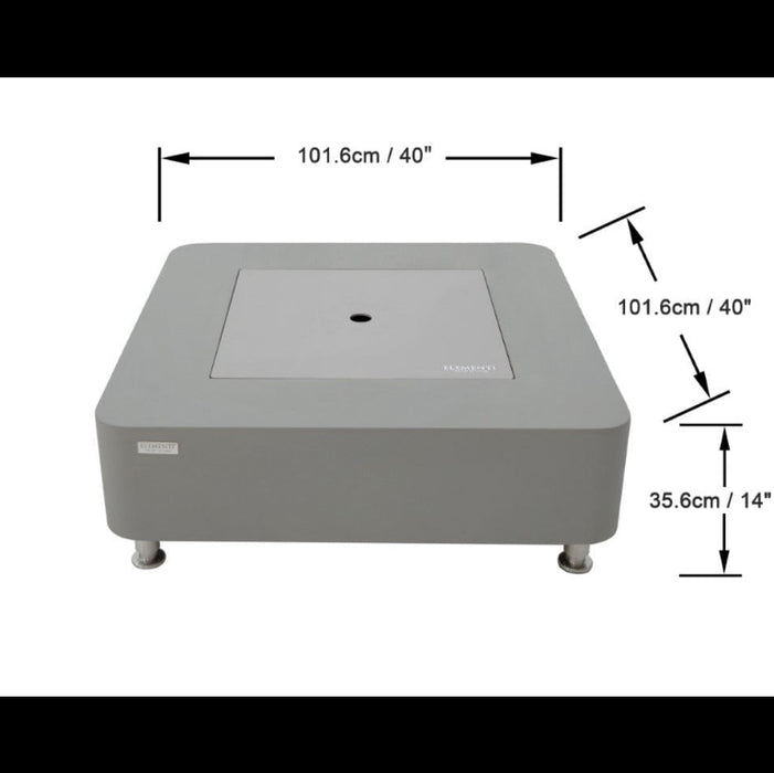 Space gray fire pit table with dimensions labeled on a white background