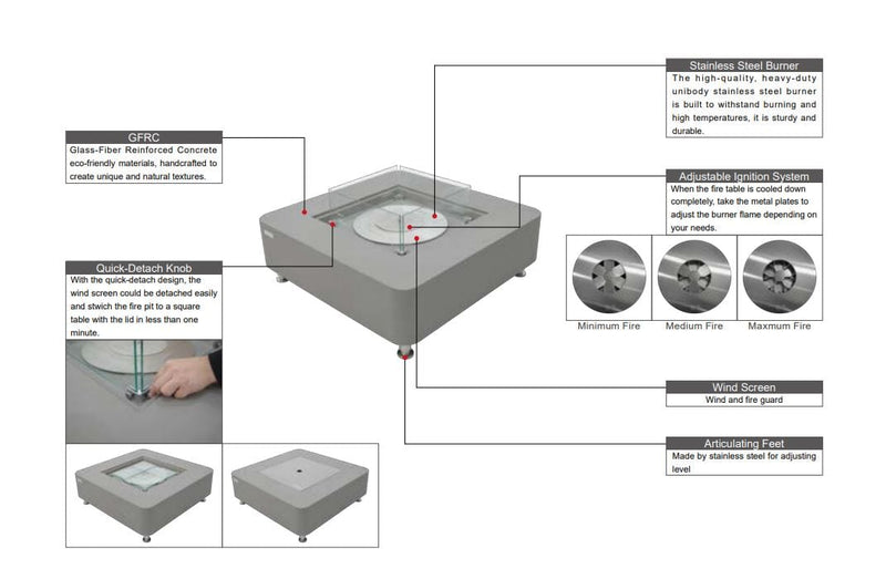 Gray fire pit table with features highlighted on a white background