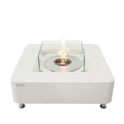 Cream White ethanol fire pit table with glass top on a white background