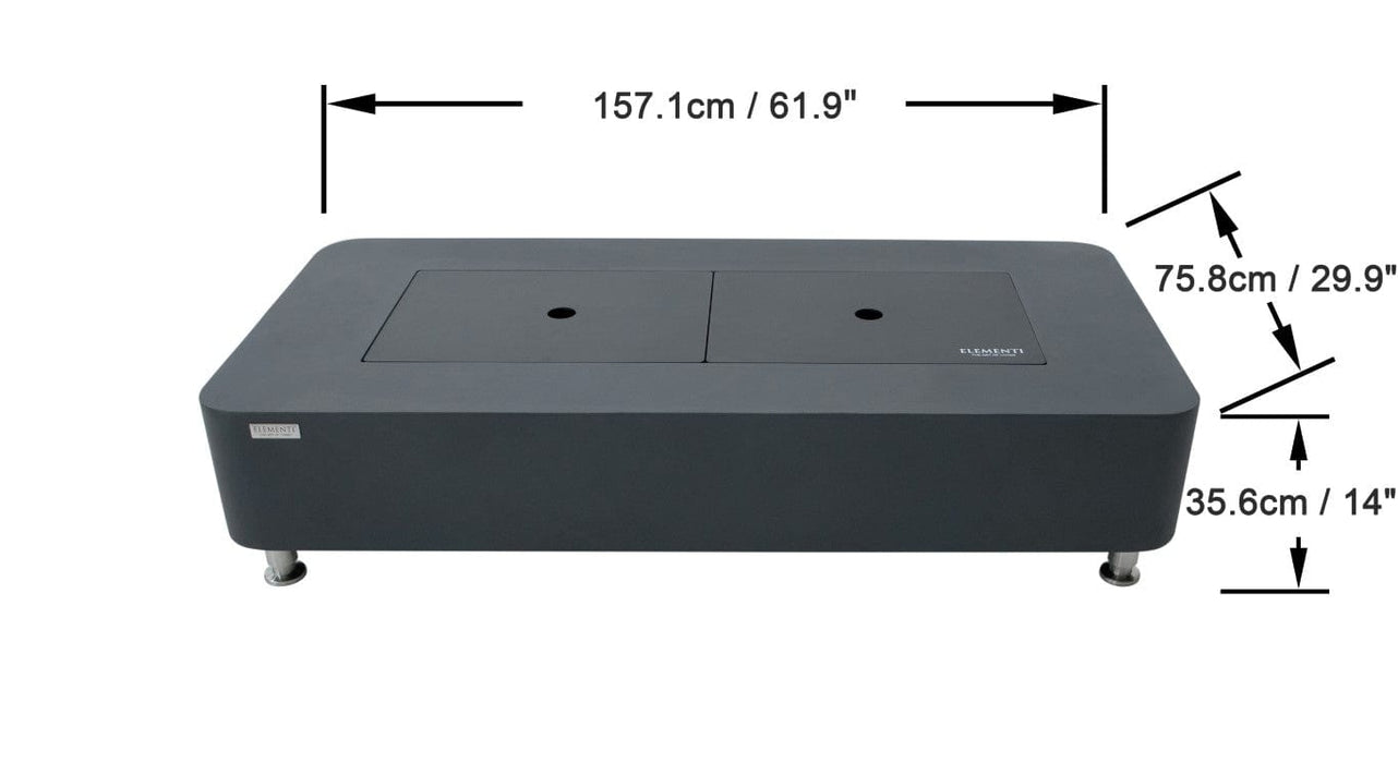 Rectangular Elementi Sydney black table with dimensions labeled on a white background