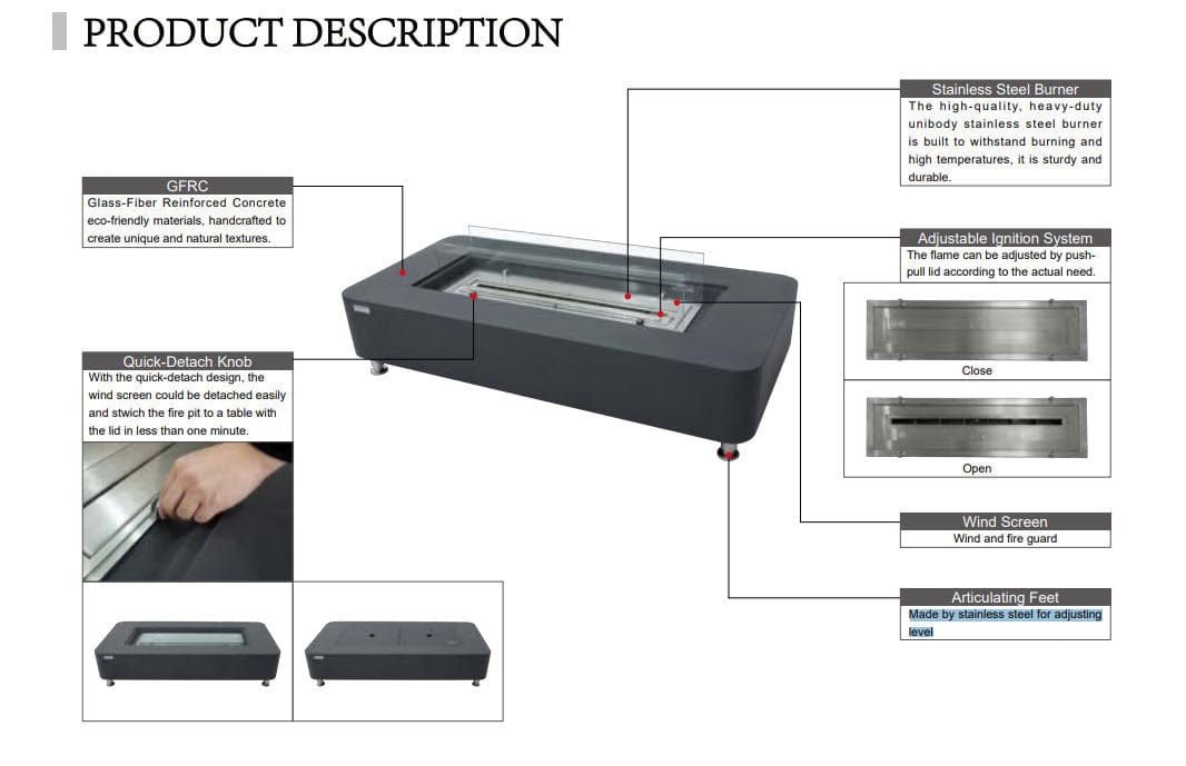 Product description diagram of Elementi Sydney Fire Table and features such as a glass wind screen that is sold separately and more
