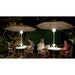 People sitting at outdoor tables with illuminated LED patio umbrellas at night.