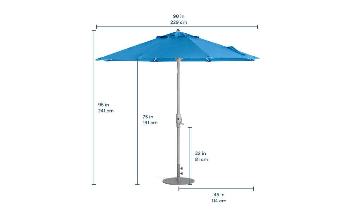 Blue Signature umbrella by Ledge Lounger with dimensions on a white background