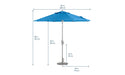 Blue Signature umbrella by Ledge Lounger with dimensions on a white background