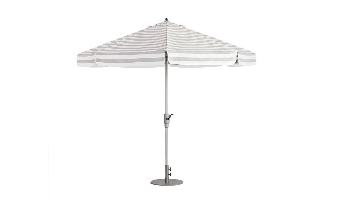 White and gray striped Ledge Lounger patio umbrella on a white background