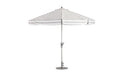 White and gray striped Ledge Lounger patio umbrella on a white background