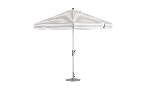 White and gray striped Ledge Lounger patio umbrella on a white background