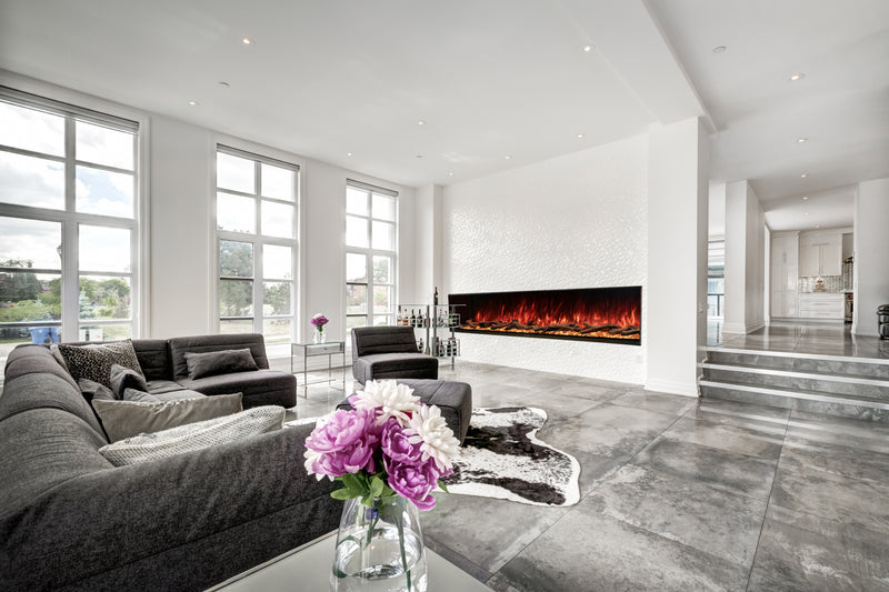 Modern Flames fireplace, 96 inch Landscape Pro Multi, set in a white textured wall in a large living room
