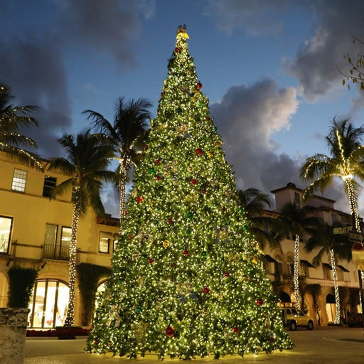 Large decorated Christmas tree in an urban setting with palm trees and buildings.