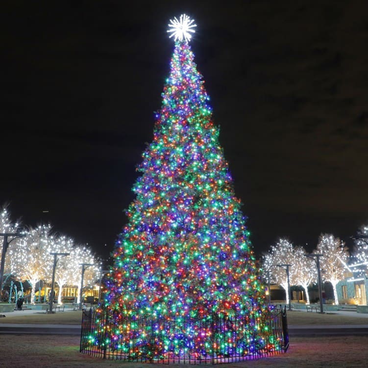 Decorative Christmas tree with colorful lights at night