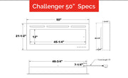 Dimension drawing of the Modern Flames Challenger 50 inch with width, height, depth and viewing window sizes