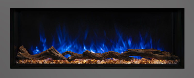 Modern Flames 44 inch Landscape Pro Multi with blue flames over an orange ember bed and driftwood logs