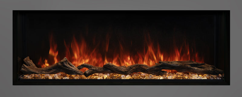 Front view of the Modern Flames Landscape Pro Multi 44 inch electric fireplace with orange flames and driftwood logs