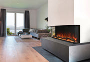Modern Flames 44 inch Landscape Pro Multi fireplace set into a white wall on a gray concrete base in a living room