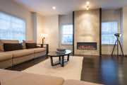 Modern Flames 44 inch Landscape Pro Multi built into a tiled living room wall with orange flames