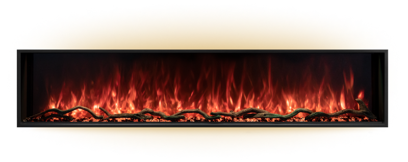 Front view of the Modern Flames Landscape Pro Slim 56 with red flames over driftwood logs