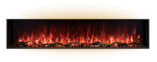 Front view of the Modern Flames Landscape Pro Slim 56 with red flames over driftwood logs