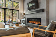 Linear electric fireplace with orange flames below a wall mounted TV in a modern living room, Modern Flames Landscape Pro Slim