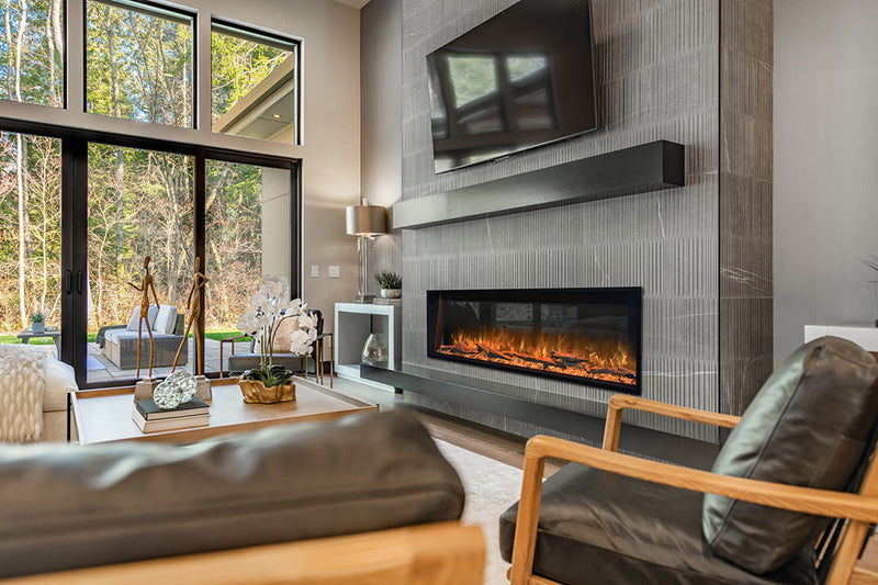 Linear electric fireplace with orange flames below a wall mounted TV in a modern living room, Modern Flames Landscape Pro Slim