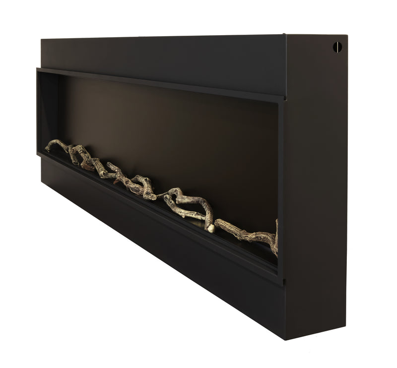 Side view of a Modern Flames Landscape Pro Slim firebox showing its shallow depth and log set