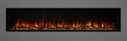 Modern Flames Landscape Pro Slim 68 built in electric fireplace with orange flames over driftwood logs