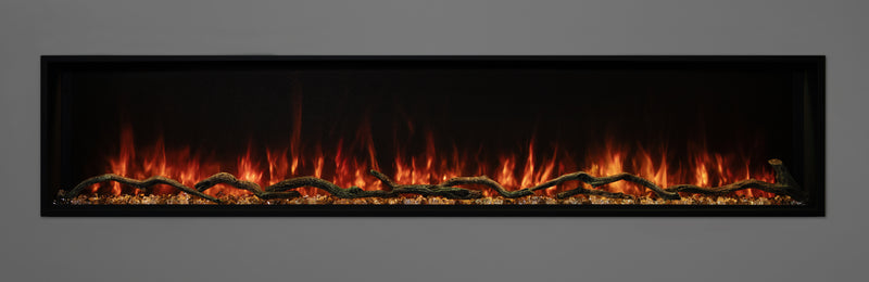 Modern Flames Landscape Pro Slim 68 built in electric fireplace with orange flames over driftwood logs