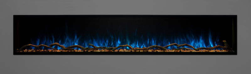 Landscape Pro Slim 80 inch electric fireplace with blue flames over orange ember bed, Modern Flames