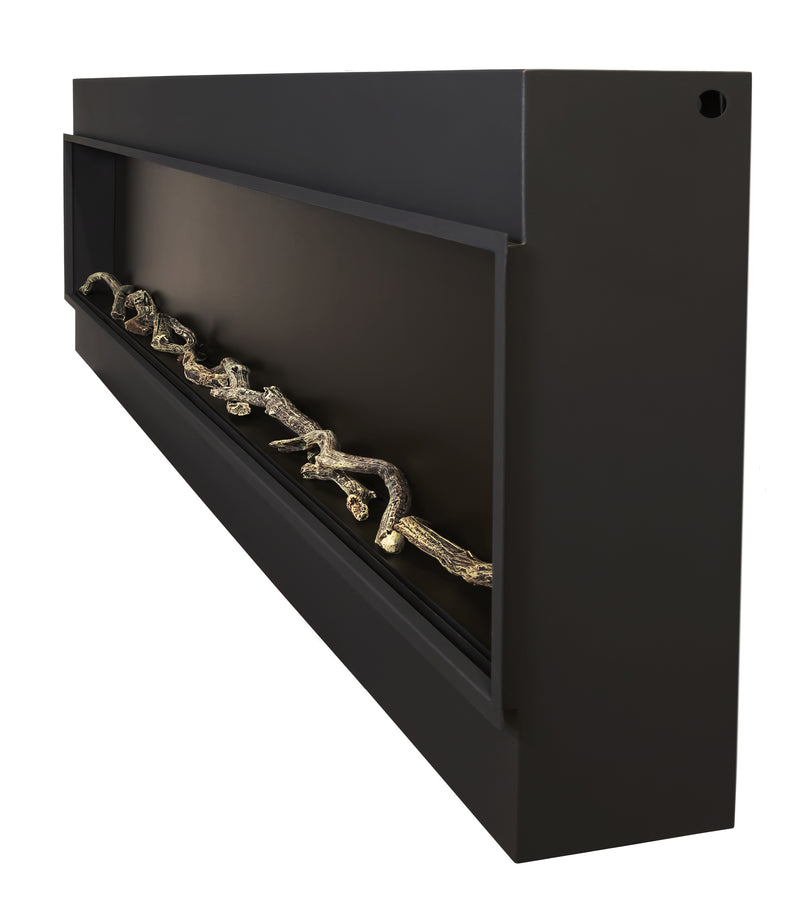 Angled side view of the Landscape Pro Slim 80 inch firebox with driftwood logs, Modern Flames, white background