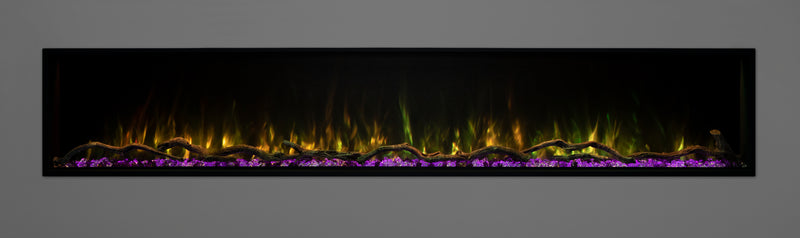 Landscape Pro Slim 80 inch electric fireplace with gold flames over purple ember bed, Modern Flames