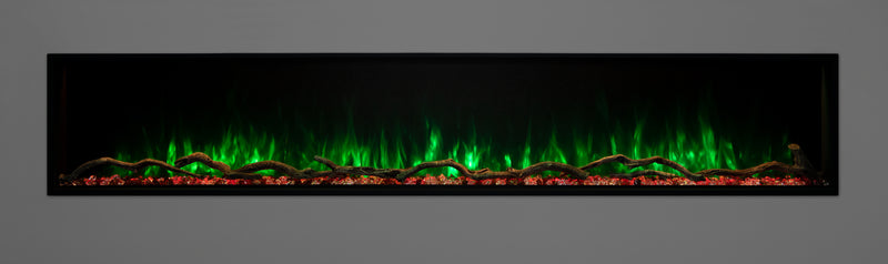 Landscape Pro Slim 80 inch electric fireplace with green flames over red ember bed, Modern Flames
