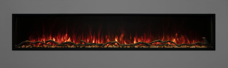Modern Flames Landscape Pro Slim 80 built in electric fireplace with orange flames and driftwood logs on a gray wall