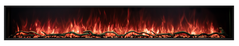 Modern Flames Landscape Pro Slim 96 inch electric fireplace with orange flames over driftwood logs