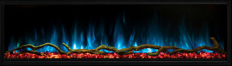 Cyan flames over a red ember bed on a Modern Flames Landscape Pro Slim