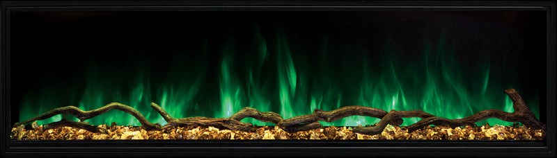 Green flames and gold ember bed lighting on a Modern Flames Landscape Pro Slim fireplace