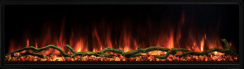 Modern Flames Landscape Pro Slim set to orange flames, red embers and green downlighting