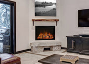 Modern Flames Redstone 36 built into a white wall under a wood shelf, with a stone bench in front