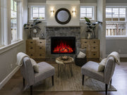 Modern Flames Redstone electric fireplace in a stacked stone surround between two wood cabinets