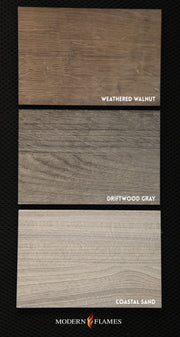 Modern Flames Studio Suite finish swatches in Weathered Walnut, Driftwood Gray and Coastal Sand