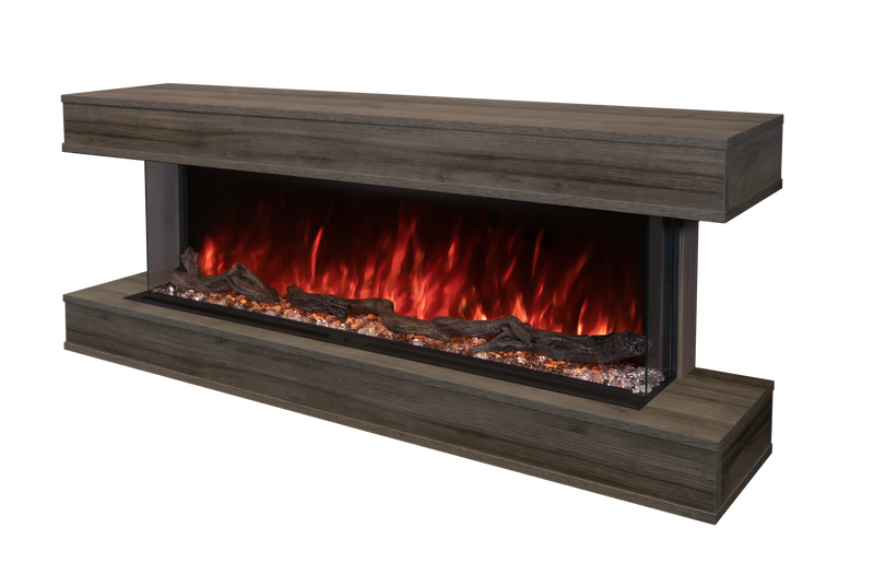 Modern Flames Driftwood Gray Studio Suite mantel and Landscape Pro Multi fireplace, angled from the right
