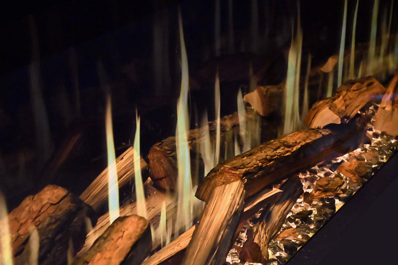 Detail of real wood TruWood timber logs with flames and glass media, by Modern Flames