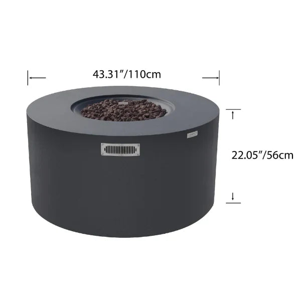 Dark Gray Pacaya fire pit with measurements on a white background
