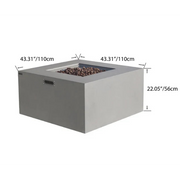 Gray Elementi Rocky fire pit table with dimensions labeled on a white background