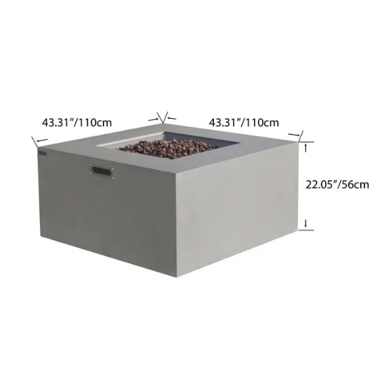 Gray Elementi Rocky fire pit table with dimensions labeled on a white background