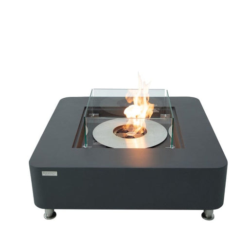 Slate black square ethanol fire pit table with flames on a white background