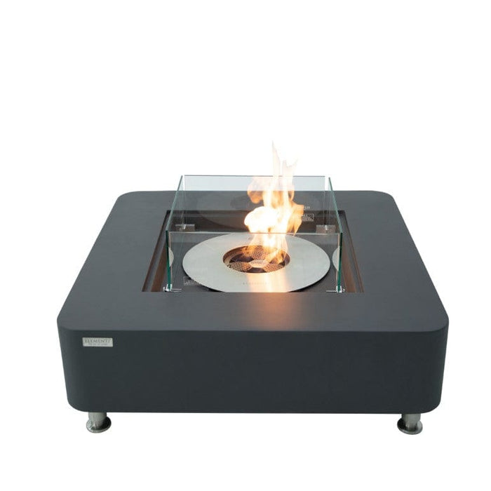 Slate black square ethanol fire pit table with flames on a white background