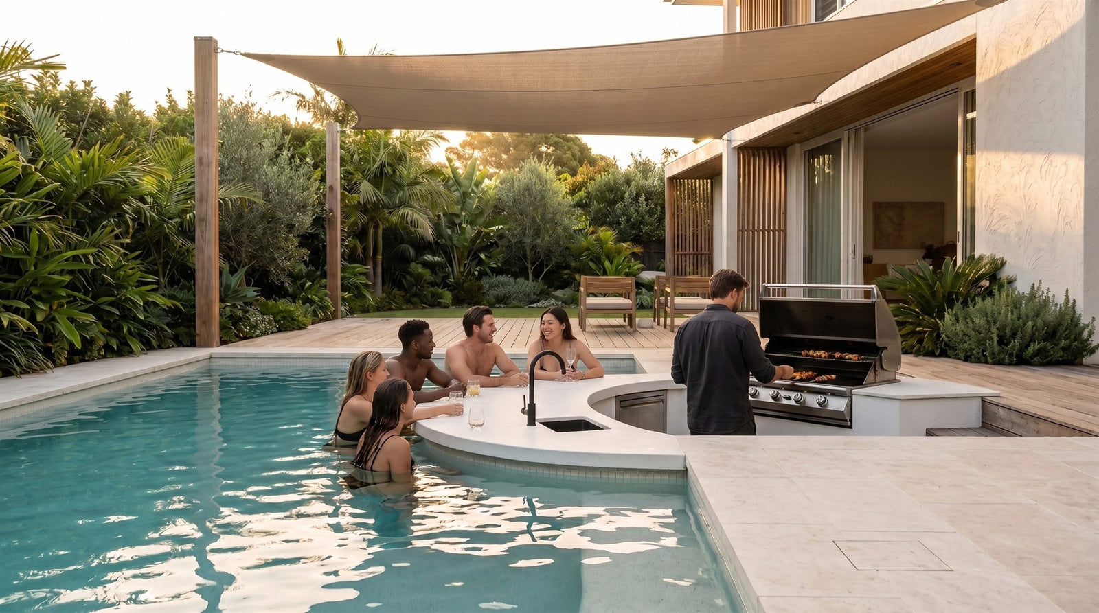 Swim-up bar and outdoor kitchen at golden hour